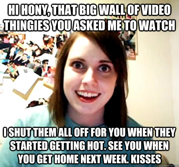 Hi Hony, that big wall of video thingies you asked me to watch I shut them all off for you when they started getting hot. See you when you get home next week. kisses  Overly Attached Girlfriend