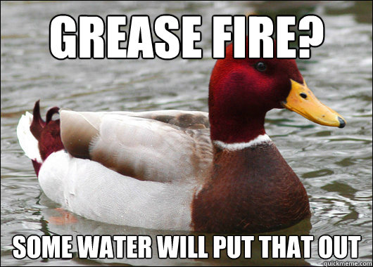 grease fire? some water will put that out  Malicious Advice Mallard