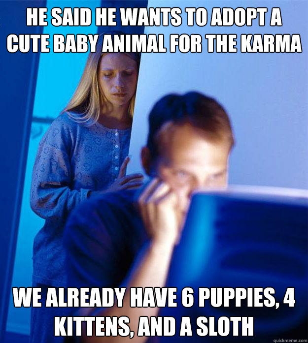 He said he wants to adopt a cute baby animal for the karma We already have 6 puppies, 4 kittens, and a sloth  Redditors Wife