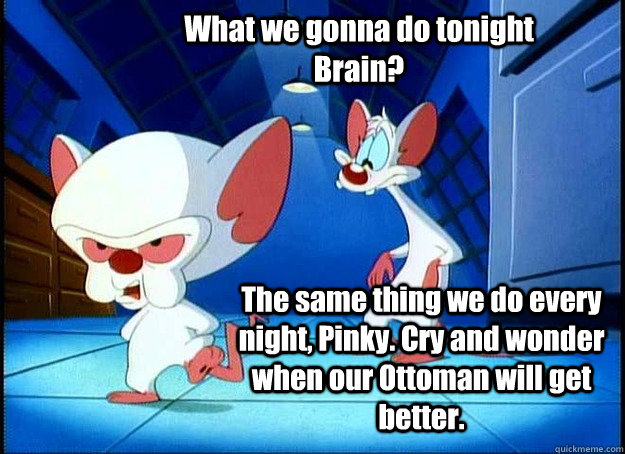 What we gonna do tonight Brain? The same thing we do every night, Pinky. Cry and wonder when our Ottoman will get better.  Pinky and the Brain