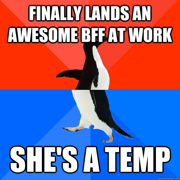 Finally lands an awesome bff at work she's a temp  Socially Awesome Awkward Penguin