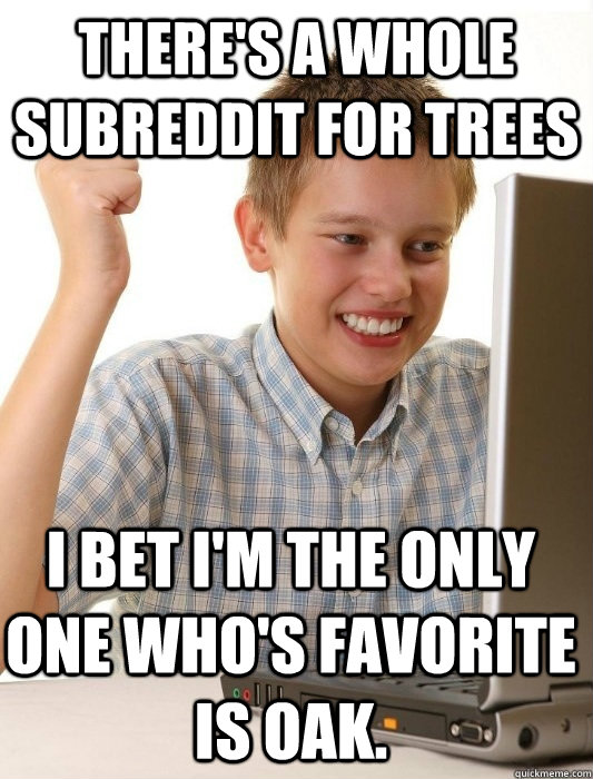 There's a whole subreddit for trees I bet I'm the only one who's favorite is oak.  First Day on the Internet Kid