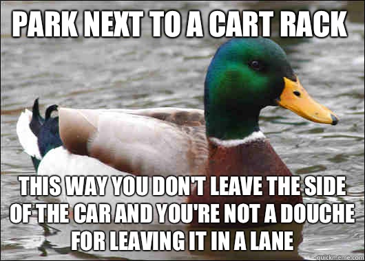 Park next to a cart rack This way you don't leave the side of the car and you're not a douche for leaving it in a lane  Actual Advice Mallard