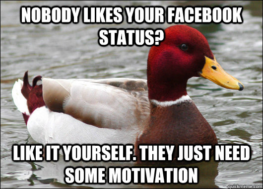 Nobody likes your facebook status? like it yourself. They just need some motivation  Malicious Advice Mallard