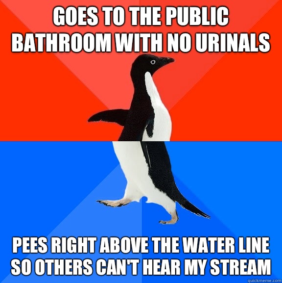 Goes to the public bathroom with no urinals Pees right above the water line so others can't hear my stream  Socially Awesome Awkward Penguin