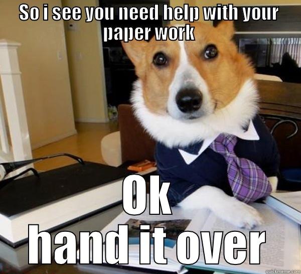 Lawer Dog - SO I SEE YOU NEED HELP WITH YOUR PAPER WORK OK HAND IT OVER Lawyer Dog