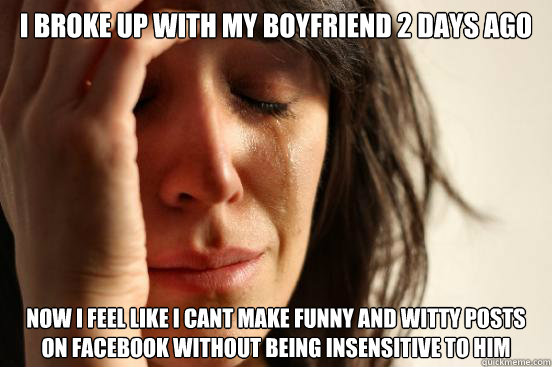 I broke up with my boyfriend 2 days ago now i feel like i cant make funny and witty posts on facebook without being insensitive to him  First World Problems