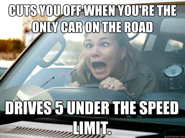 Cuts you off when you're the only car on the road Drives 5 under the speed limit. - Cuts you off when you're the only car on the road Drives 5 under the speed limit.  Mayhem Female Driver