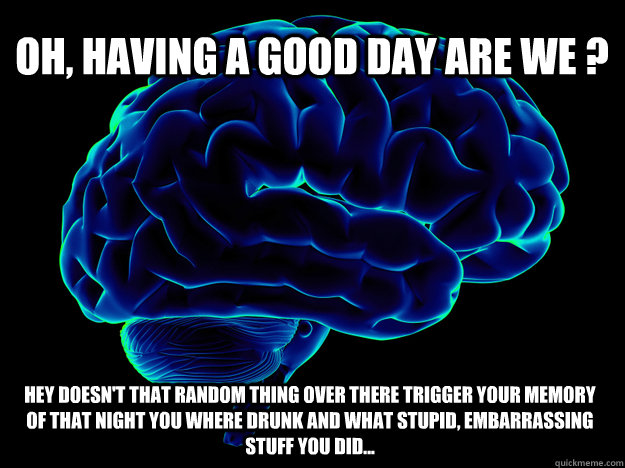 Oh, having a good day are we ? Hey doesn't that random thing over there trigger your memory of that night you where drunk and what stupid, embarrassing stuff you did... - Oh, having a good day are we ? Hey doesn't that random thing over there trigger your memory of that night you where drunk and what stupid, embarrassing stuff you did...  Douchebag Brain