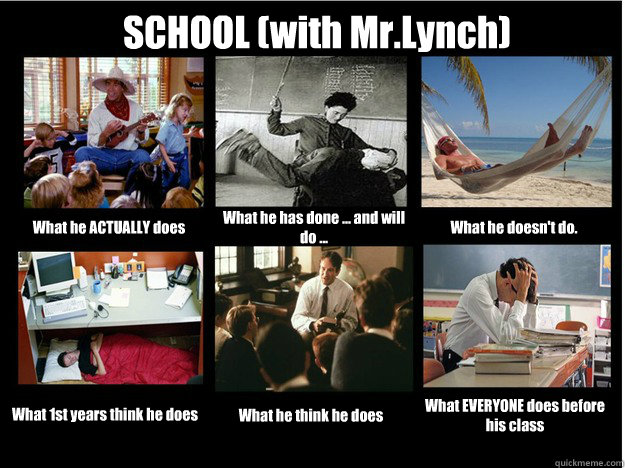 SCHOOL (with Mr.Lynch) What he ACTUALLY does What he has done ... and will do ... What he doesn't do. What 1st years think he does What he think he does What EVERYONE does before his class - SCHOOL (with Mr.Lynch) What he ACTUALLY does What he has done ... and will do ... What he doesn't do. What 1st years think he does What he think he does What EVERYONE does before his class  What People Think I Do