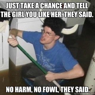 Just take a chance and tell the girl you like her, they said. no harm, no fowl, they said.  It will be fun they said