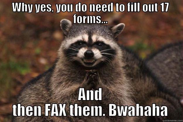 WHY YES, YOU DO NEED TO FILL OUT 17 FORMS... AND THEN FAX THEM. BWAHAHA Evil Plotting Raccoon