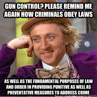 Gun control? Please remind me again how criminals obey laws  as well as the fundamental purposes of law and order in providing punitive as well as preventative measures to address crime  Condescending Wonka