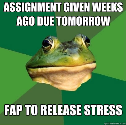 Assignment given weeks ago due tomorrow Fap to release stress  Foul Bachelor Frog