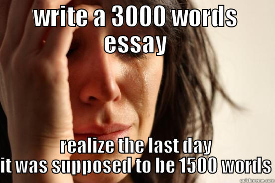 WRITE A 3000 WORDS ESSAY REALIZE THE LAST DAY IT WAS SUPPOSED TO BE 1500 WORDS First World Problems