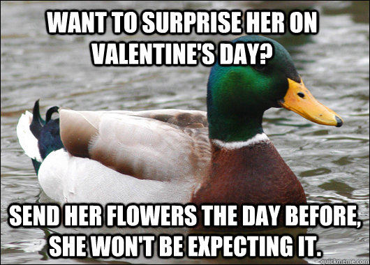 Want to surprise her on Valentine's day? Send her flowers the day before, she won't be expecting it. - Want to surprise her on Valentine's day? Send her flowers the day before, she won't be expecting it.  Actual Advice Mallard