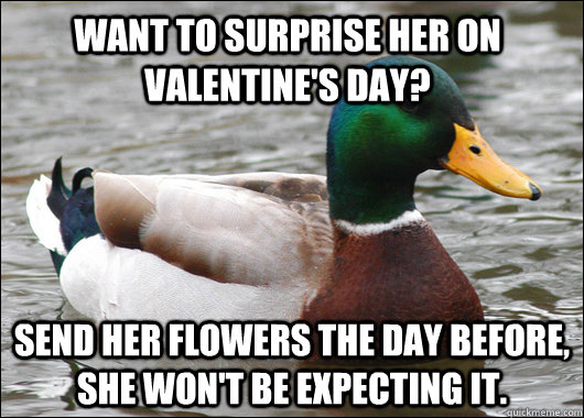 Want to surprise her on Valentine's day? Send her flowers the day before, she won't be expecting it.  Actual Advice Mallard