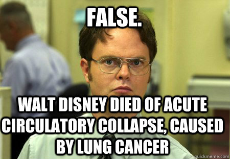 false. walt disney died of acute circulatory collapse, caused by lung cancer - false. walt disney died of acute circulatory collapse, caused by lung cancer  Schrute