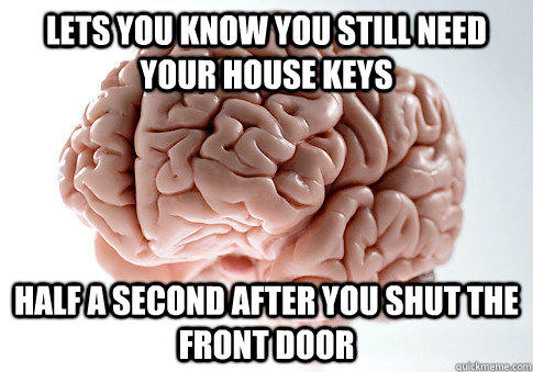 Lets you know you still need your house keys Half a second after you shut the front door  Scumbag Brain