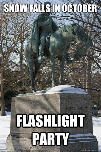 Snow falls in October Flashlight Party  Drew University Meme
