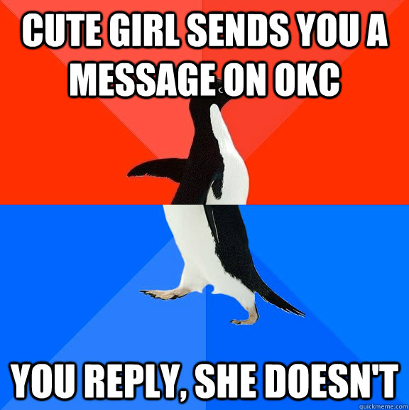 Cute girl sends you a message on OKC You reply, she doesn't  Socially Awesome Awkward Penguin