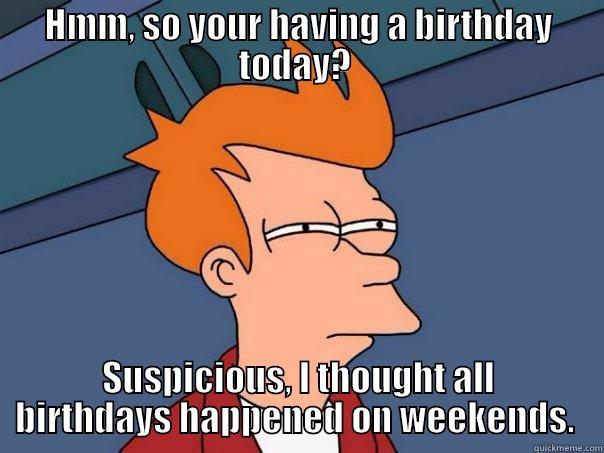 HMM, SO YOUR HAVING A BIRTHDAY TODAY?  SUSPICIOUS, I THOUGHT ALL BIRTHDAYS HAPPENED ON WEEKENDS.  Futurama Fry