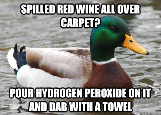 Spilled red wine all over carpet? Pour hydrogen peroxide on it and dab with a towel  Actual Advice Mallard