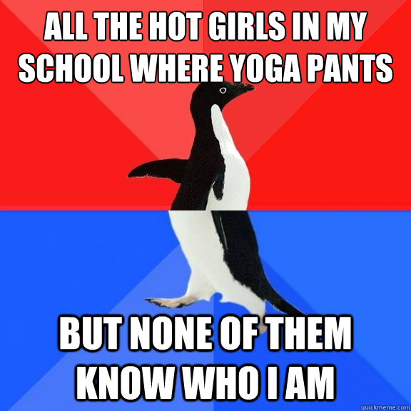 All the hot girls in my school where yoga pants but none of them know who i am  Socially Awksome Penguin