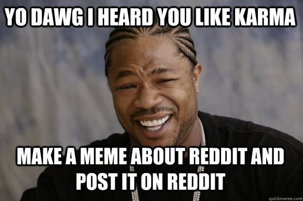 Yo dawg I heard you like karma Make a meme about reddit and post it on reddit   Xzibit meme
