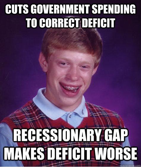 cuts government spending to correct deficit recessionary gap makes deficit worse  Bad Luck Brian