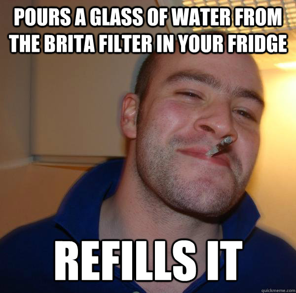 Pours a glass of water from the brita filter in your fridge refills it - Pours a glass of water from the brita filter in your fridge refills it  Misc