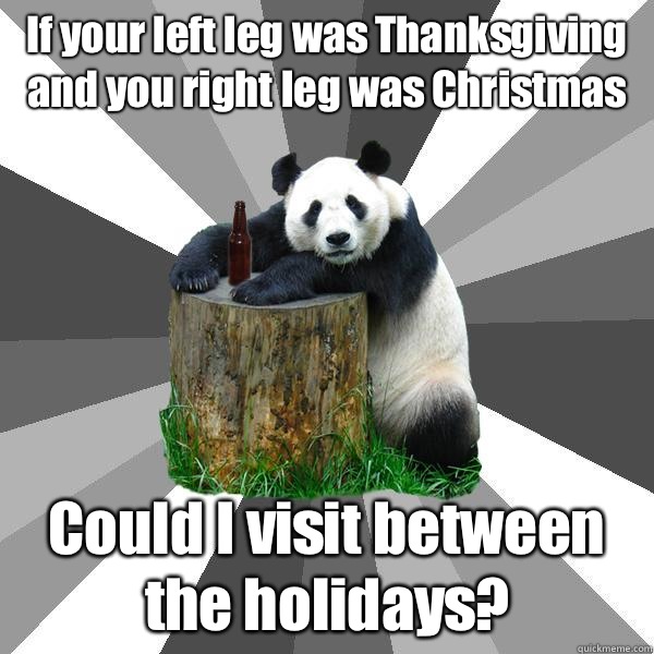 If your left leg was Thanksgiving and you right leg was Christmas Could I visit between the holidays?  Pickup-Line Panda