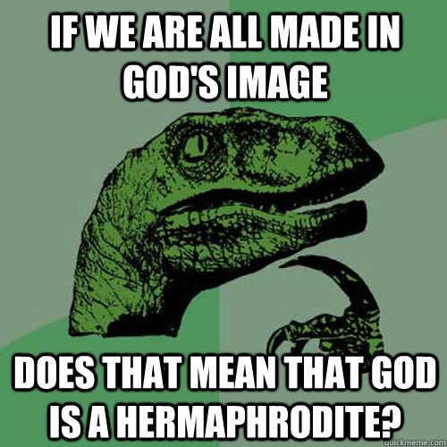 if we are all made in god's image does that mean that god is a hermaphrodite?  Philosoraptor