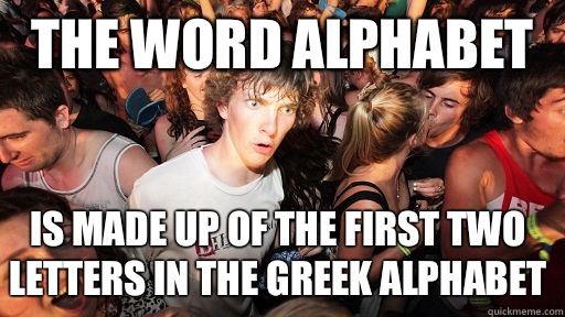 The word alphabet Is made up of the first two letters in the Greek alphabet  Sudden Clarity Clarence