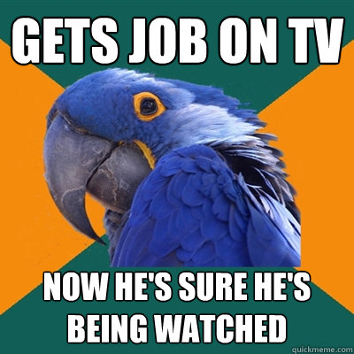gets job on tv  now he's sure he's being watched  Paranoid Parrot