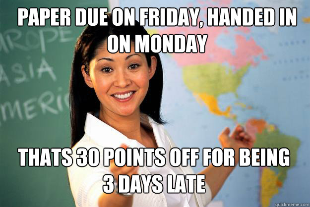 paper due on friday, handed in on monday thats 30 points off for being 3 days late  Unhelpful High School Teacher