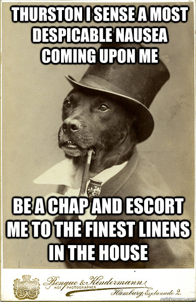 Thurston I sense a most despicable nausea coming upon me Be a chap and escort me to the finest linens in the house  Old Money Dog
