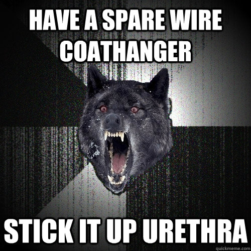 Have a spare wire coathanger stick it up urethra  Insanity Wolf