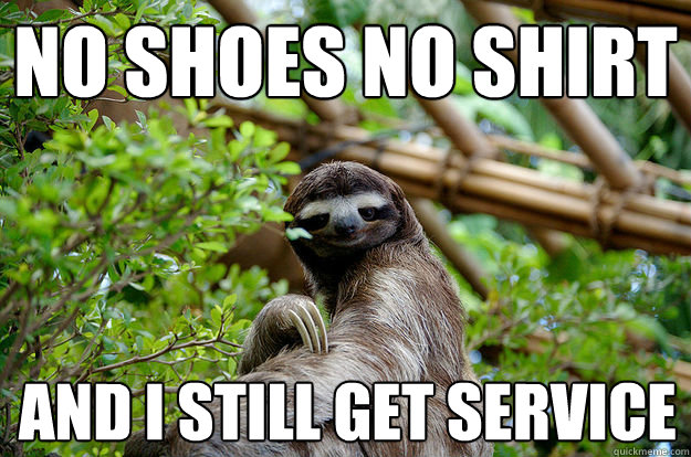 no shoes no shirt 
 and i still get service
 - no shoes no shirt 
 and i still get service
  Fabulous Sloth