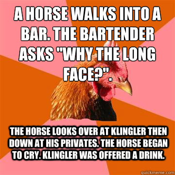 A horse walks into a bar. The bartender asks 