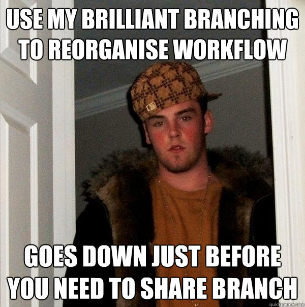 Use my brilliant branching to reorganise workflow Goes down just before you need to share branch - Use my brilliant branching to reorganise workflow Goes down just before you need to share branch  Scumbag Steve
