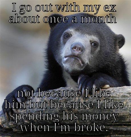 I GO OUT WITH MY EX ABOUT ONCE A MONTH  NOT BECAUSE I LIKE HIM BUT BECAUSE I LIKE SPENDING HIS MONEY WHEN I'M BROKE. Confession Bear