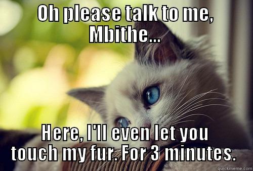 OH PLEASE TALK TO ME, MBITHE... HERE, I'LL EVEN LET YOU TOUCH MY FUR. FOR 3 MINUTES.  First World Problems Cat