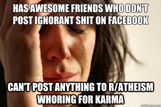 Has awesome friends who don't post ignorant shit on facebook Can't post anything to r/atheism whoring for karma  First World Problems