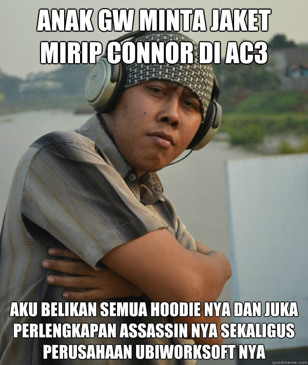 anak gw minta jaket mirip connor di AC3  aku belikan semua hoodie nya dan juka perlengkapan assassin nya sekaligus perusahaan Ubiworksoft nya  Amin Rich Man