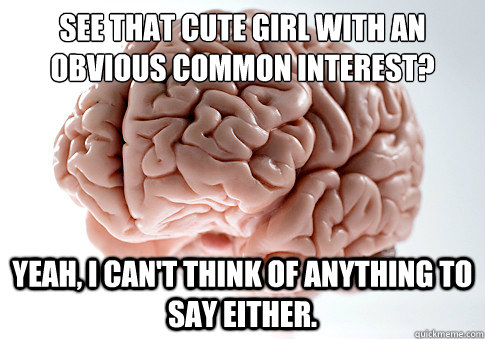 See that cute girl with an obvious common interest? Yeah, I can't think of anything to say either.  - See that cute girl with an obvious common interest? Yeah, I can't think of anything to say either.   Scumbag Brain
