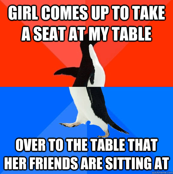 Girl comes up to take a seat at my table over to the table that her friends are sitting at  Socially Awesome Awkward Penguin