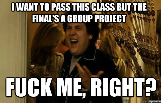 I want to pass this class but the final's a group project FUCK ME, RIGHT?  fuck me right