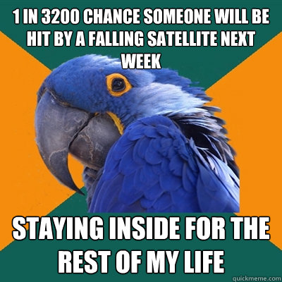 1 in 3200 chance someone will be hit by a falling satellite next week staying inside for the rest of my life  Paranoid Parrot