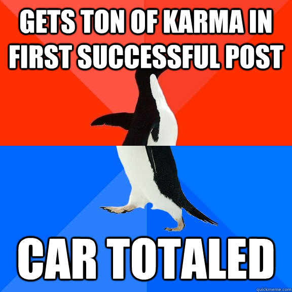 Gets ton of Karma in first successful post car totaled  Socially Awesome Awkward Penguin